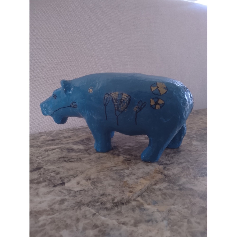 Blue Egyptian Style Hippo Figurine Hand Painted Floral Lotus Design Decor